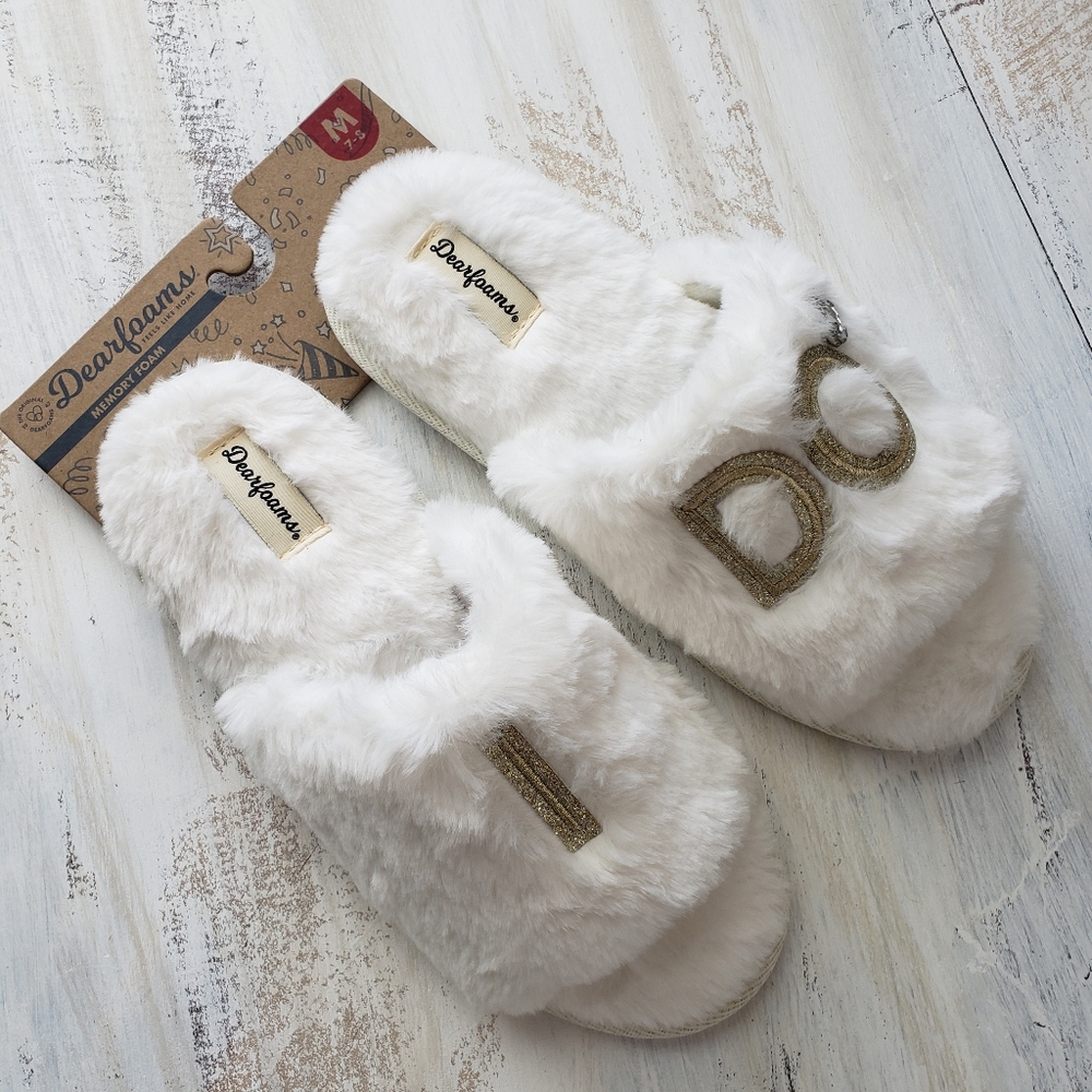 Nwt Dearfoams I DO Alabaster White / Gold Bling Faux  Fur Slippers